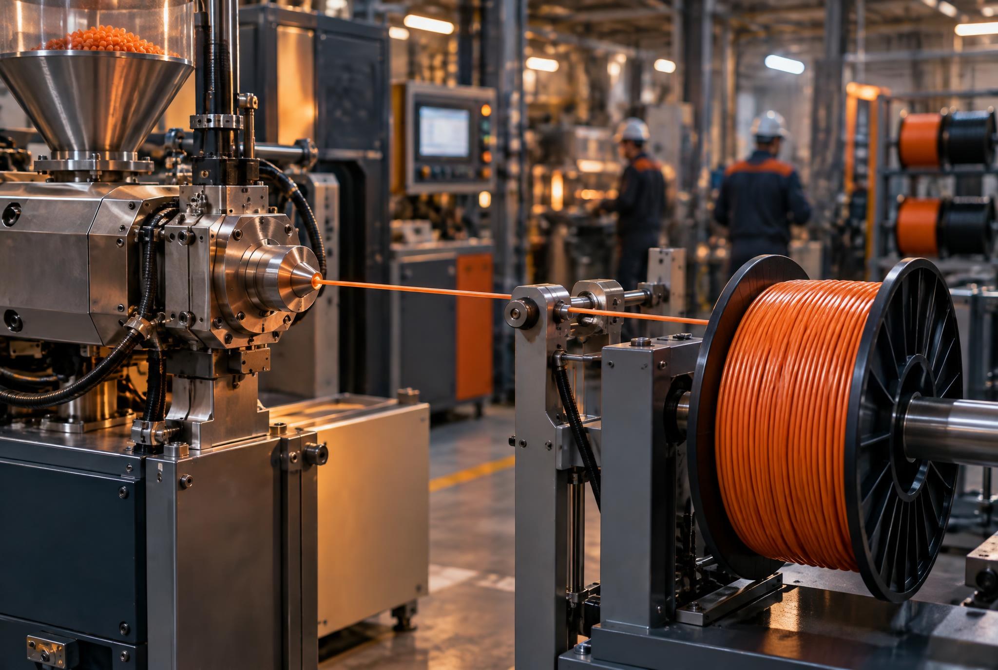 Filament extrusion line winding filament onto a spool