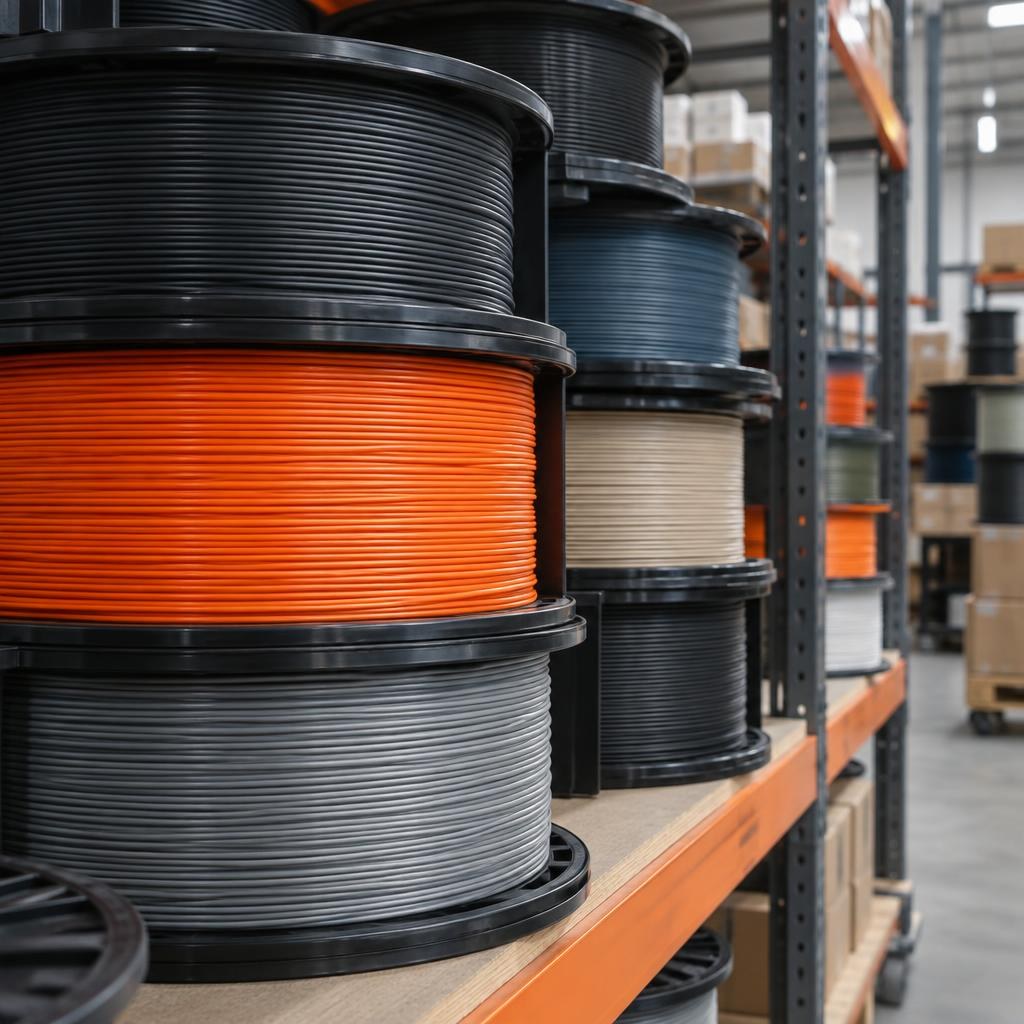 Neatly stacked 3D printing filament spools in a warehouse