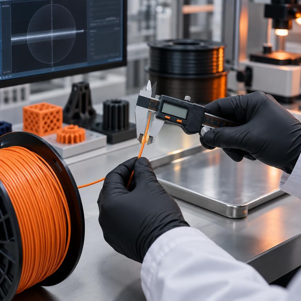 Digital caliper measuring the diameter of a 3D printing filament strand