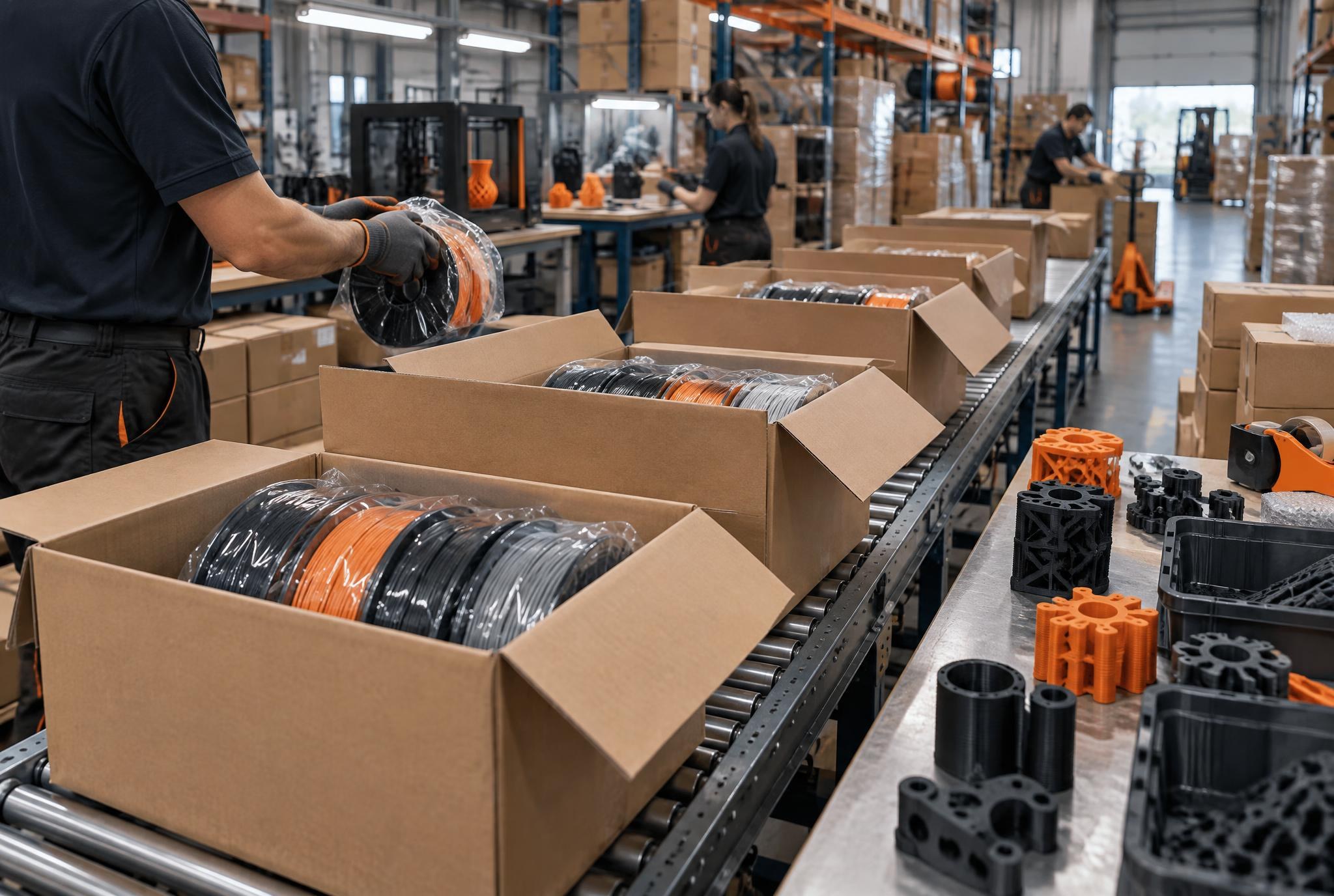 Boxed filament spools being packed for export shipment